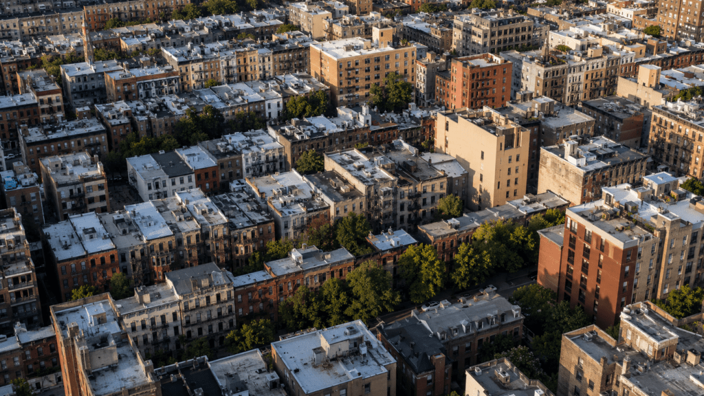Aerial view of Brooklyn multifamily apartment buildings in New York City