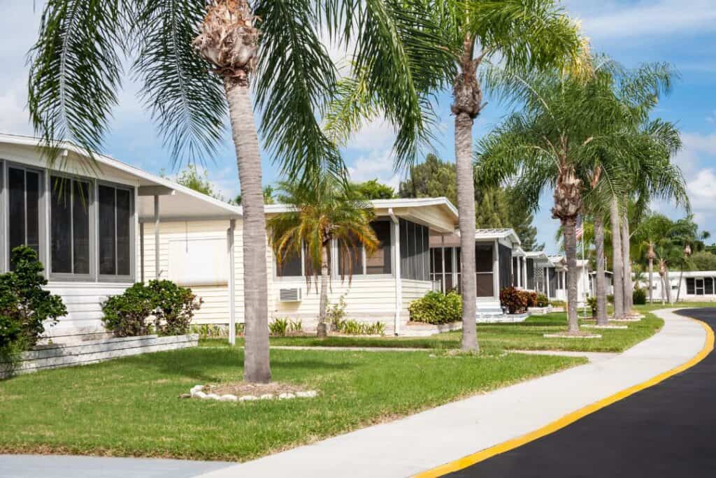 Manufactured housing community street showing resident-owned homes representing MHC lot rent and community valuation